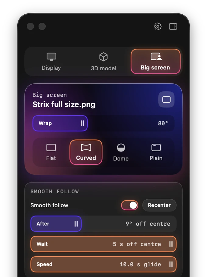 The control panel in Big screen mode: a window named Strix full size.png is shared, the Curved shape is selected with an 80 degree wrap, and smooth follow is on with its after, wait and speed sliders.