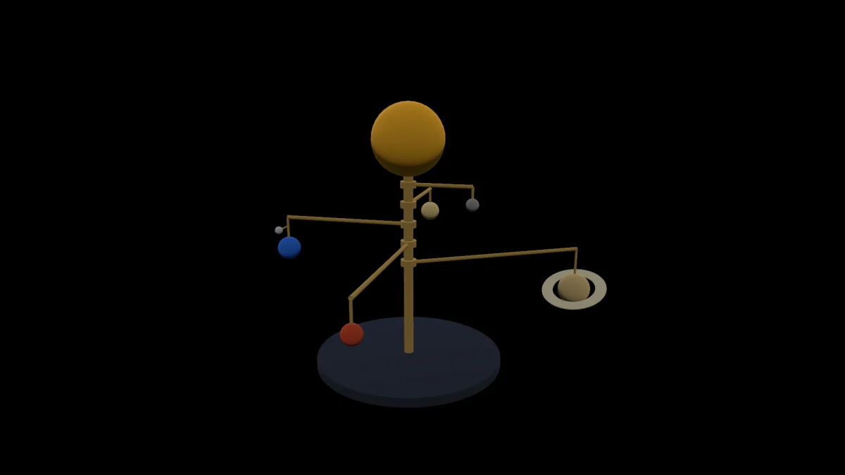 The sample model that opens on first launch: a brass orrery with a sun on a post and five planets on arms at different heights.