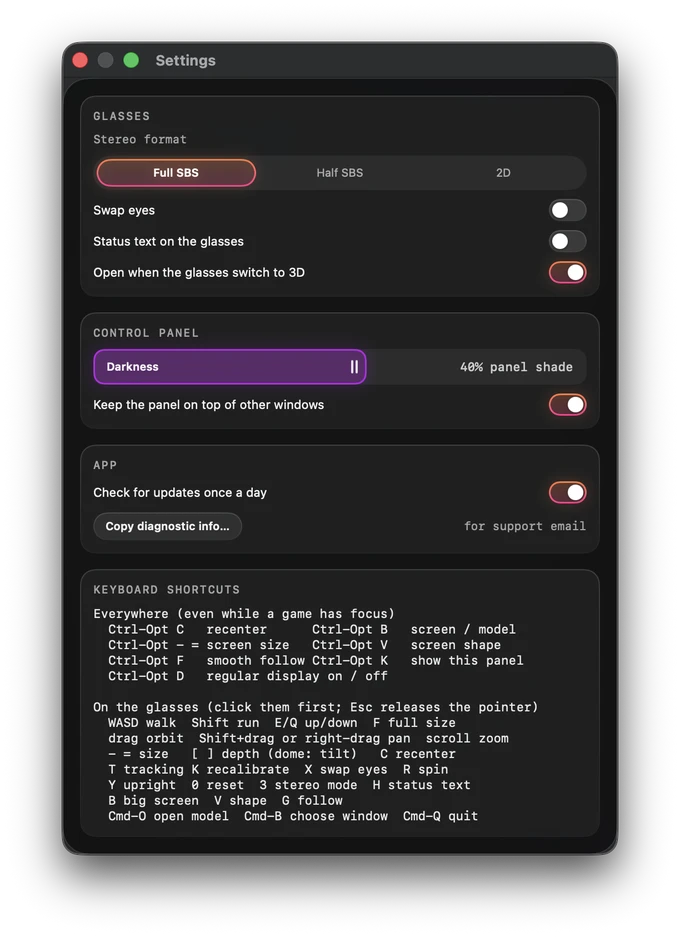 The Settings window: stereo format, swap eyes, status text on the glasses, opening when the glasses switch to 3D, panel darkness, update checks, and a list of keyboard shortcuts.