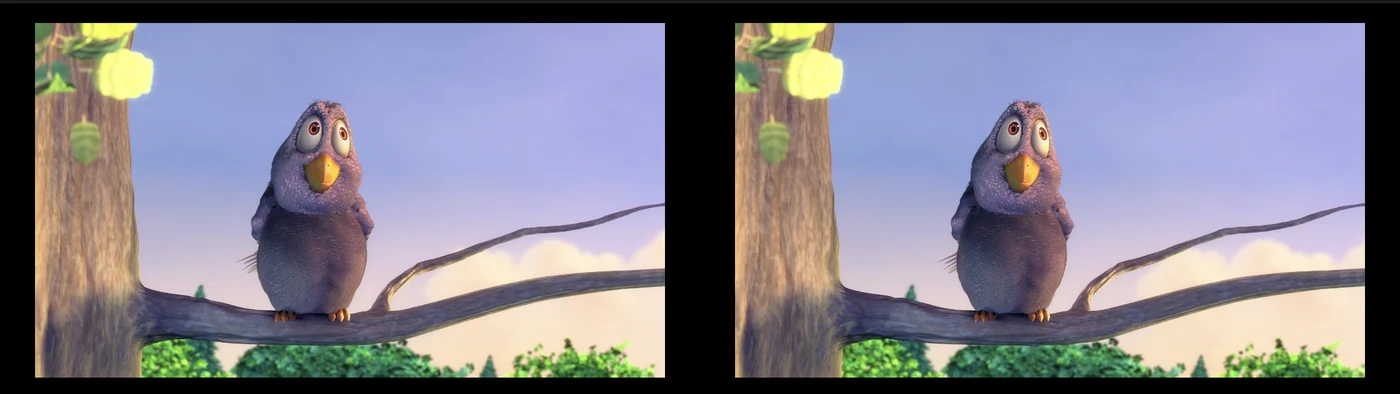 A spatial video playing: two slightly different pictures of a cartoon bird on a branch, one for each eye, as the glasses receive them.