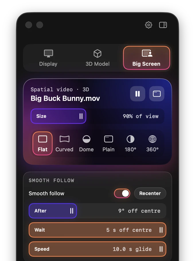 The control panel while a spatial video plays: the card reads Spatial video, 3D, with the file name, a pause button, the screen size and shape choices including 180 and 360 degrees, and smooth follow settings.