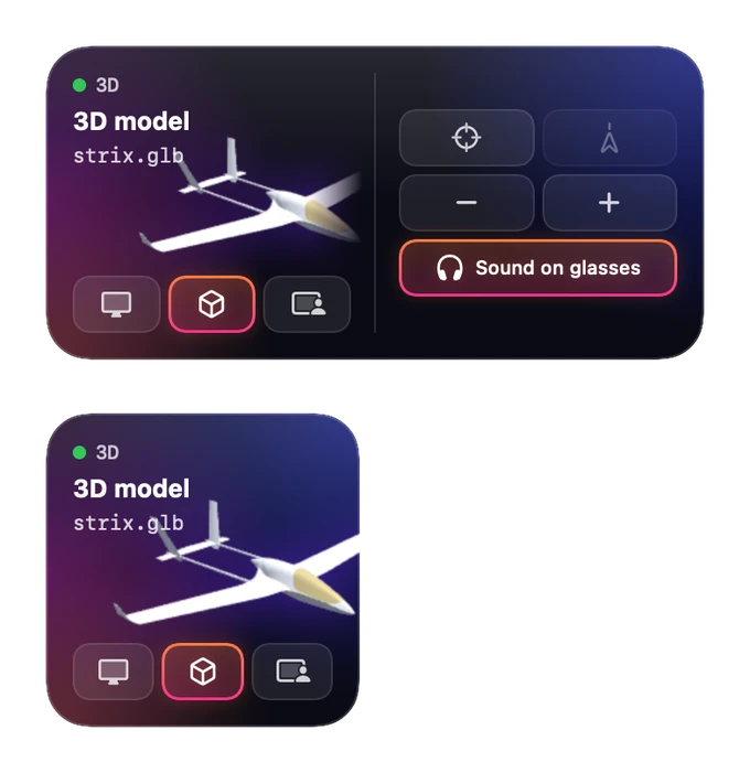 Two desktop widgets in dark glass: each shows the glasses in 3D, the open model with a picture of it, and buttons for the three modes; the larger one adds recenter, smooth follow, smaller and bigger, and sound to the glasses.