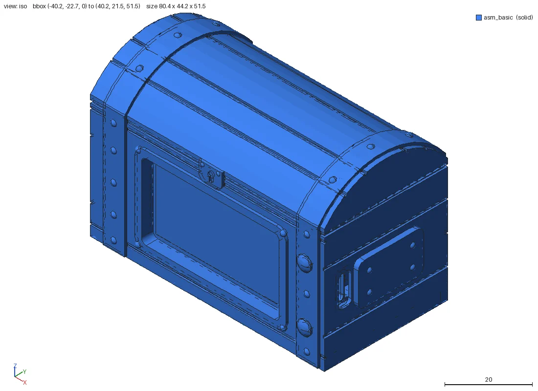 CAD view of a treasure-chest shaped enclosure with a barrel-vaulted lid, riveted corner straps, a front window opening for the screen, and a side handle.