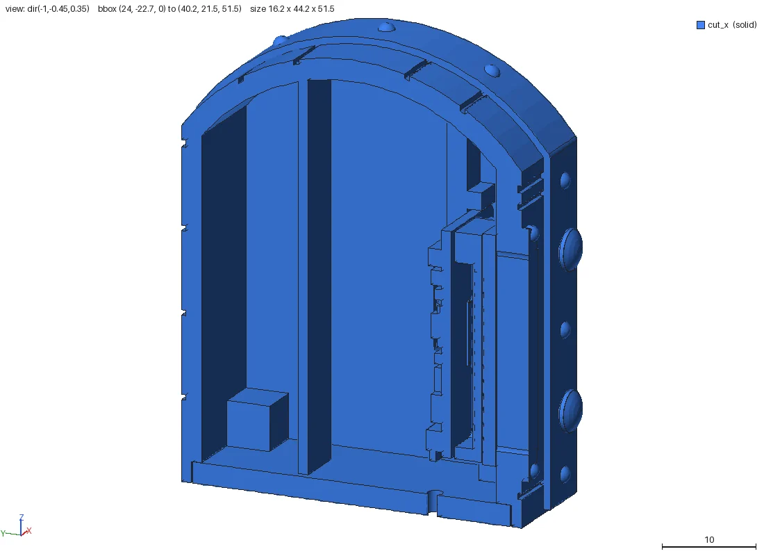 Cutaway section through the chest case showing internal wall thickness and the cavity for the board.