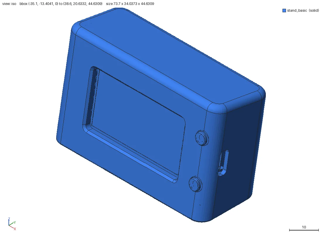 CAD view of a plain rounded rectangular standing case with a recessed screen window, two round buttons and a side port opening.