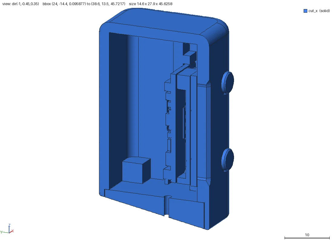 Cutaway section at the side port showing the opening aligned with the board's connector.