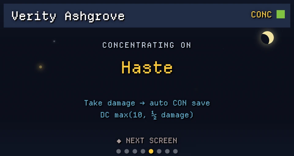 Token CONC screen for Verity Ashgrove: Concentrating on Haste, with the rule that taking damage triggers an automatic Constitution save at a difficulty of the greater of ten or half the damage.