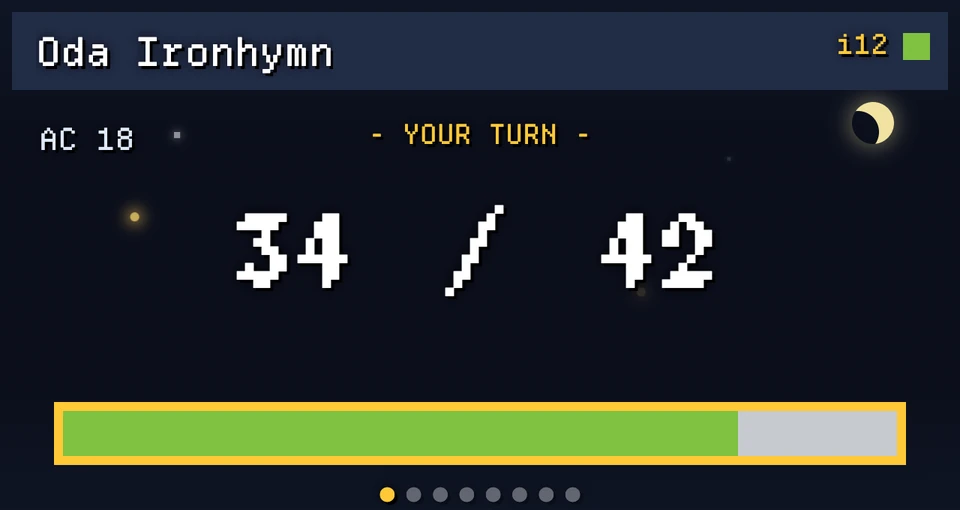 Token HUD screen: the character name Oda Ironhymn in a title bar with initiative 12, armour class 18, a YOUR TURN cue, current and maximum hit points in large pixel digits, and a green health bar.