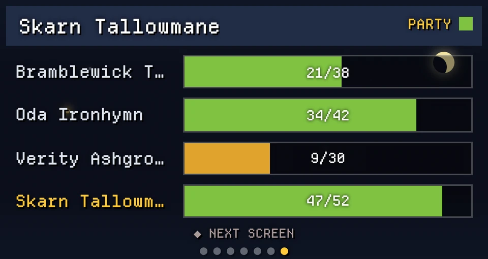 Token PARTY screen listing all four characters with health bars and hit point counts, the holder's own name highlighted in yellow at the bottom.