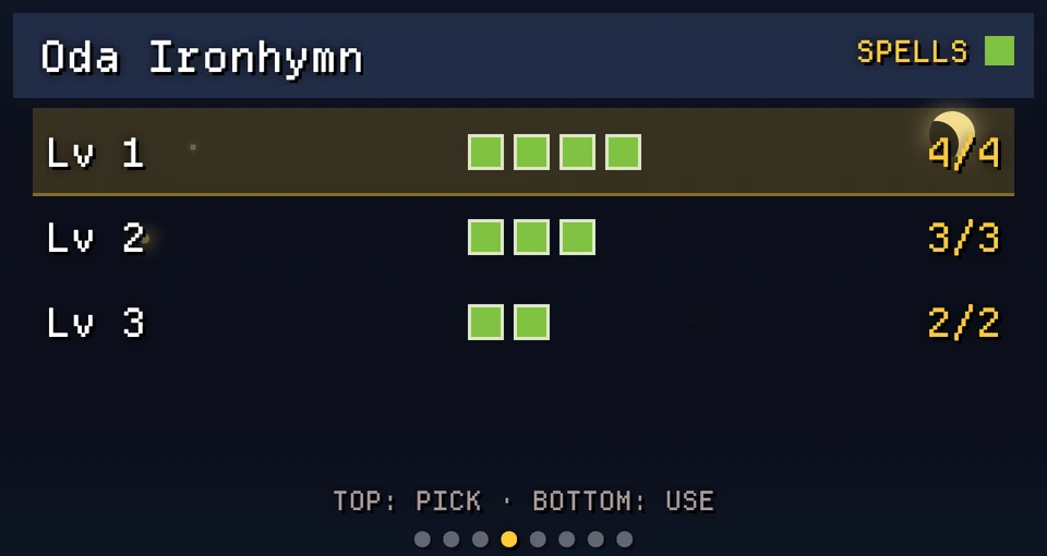 Token SPELLS screen showing a per-level spell slot ledger: level one four of four, level two three of three, level three two of two, with a hint reading top pick, bottom use.