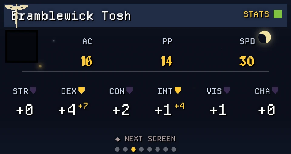 Token STATS screen: armour class, passive perception and speed across the top, then all six ability modifiers with save shields on the proficient ones.