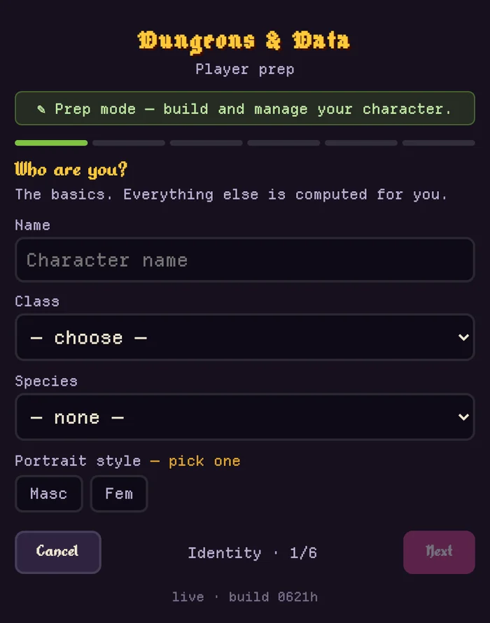 The character creation wizard on a phone-width screen: a six-step progress bar on step one, fields for name, class and species, a portrait style choice, and a Next button that is greyed out until the step is valid.
