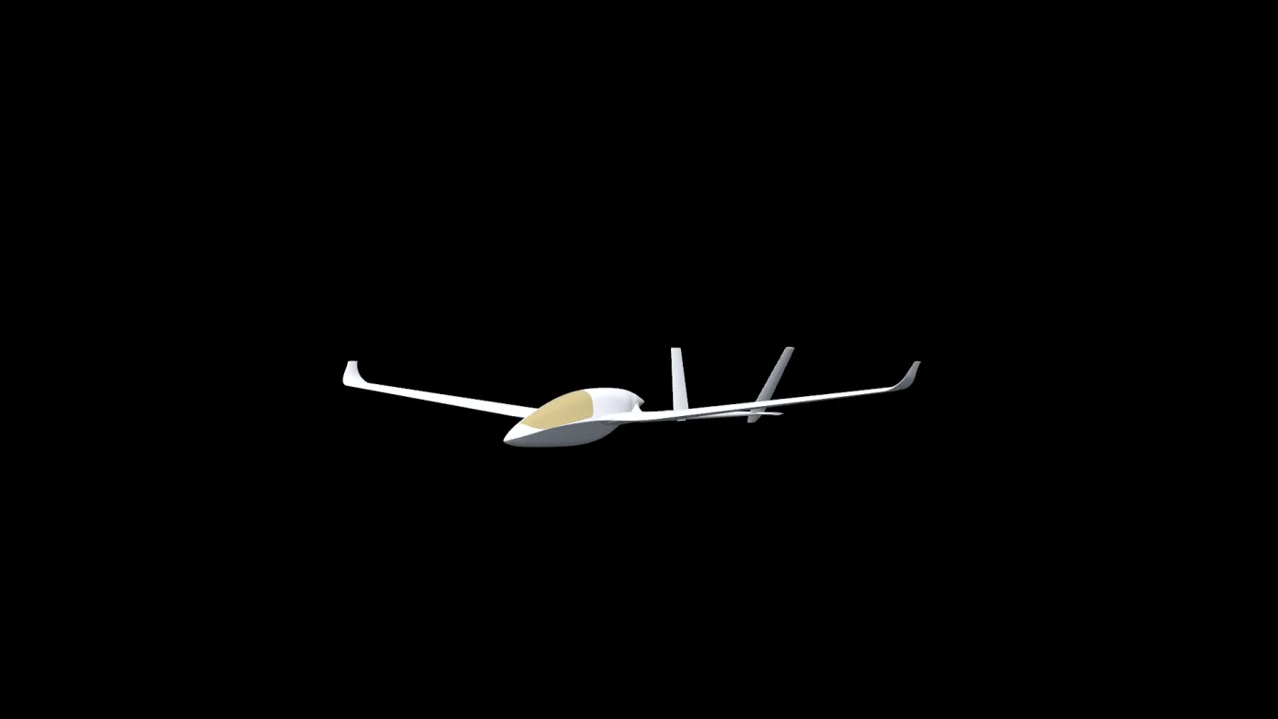 The Strix aircraft seen level from ground height at full size, small in the middle of a wide black view with its long wing spanning much of it.