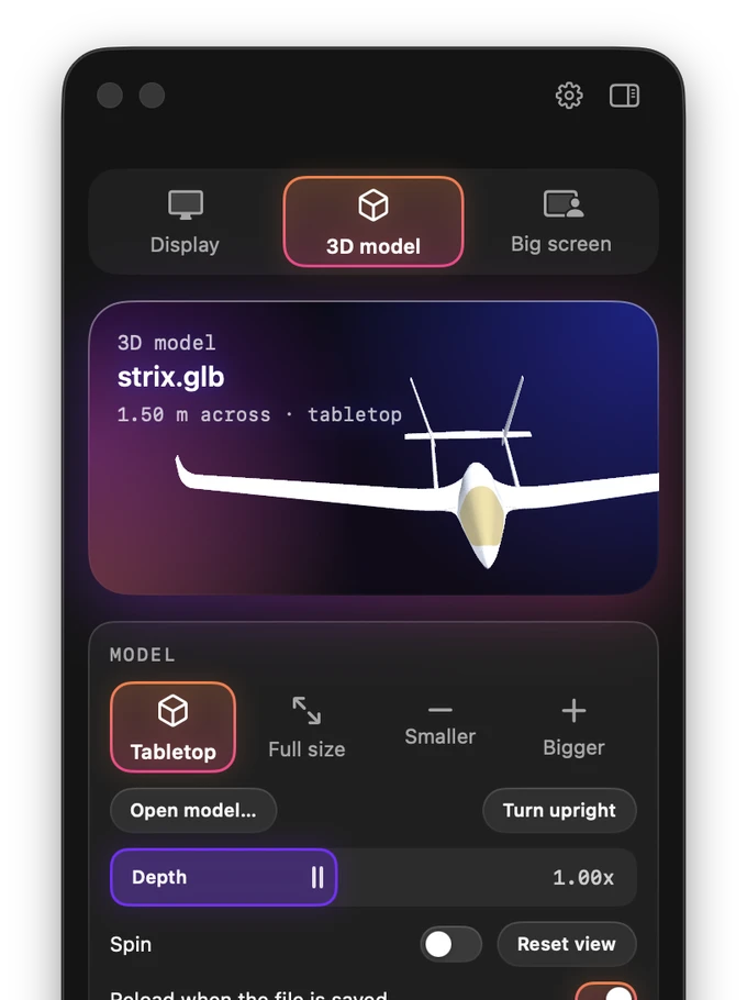 The control panel on the Mac: dark glass with mode buttons for Display, 3D model and Big screen, a card showing the open model turning slowly, and the model's size and depth controls.