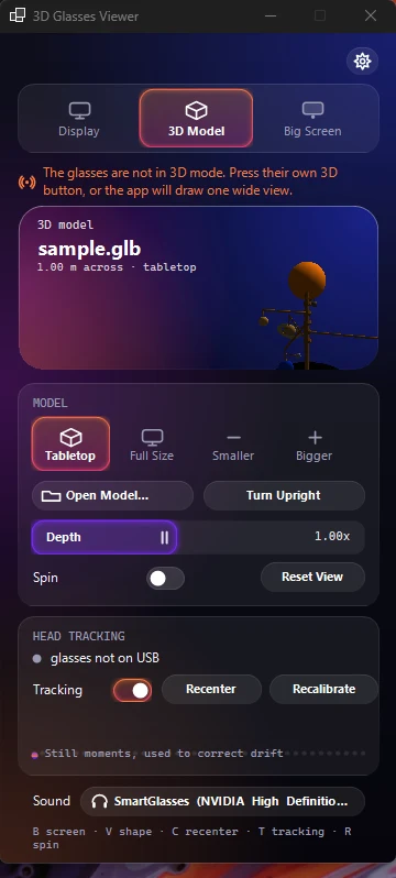 The Windows control panel in dark glass: mode tiles for Display, 3D model and Big screen, a card with a model turning in its corner, a depth slider, a spin switch, head-tracking status and a sound row.