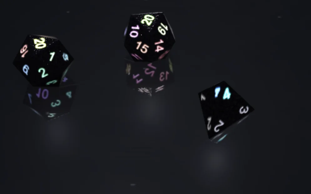 Black speckled dice with pastel rainbow numerals resting on a dark reflective surface.