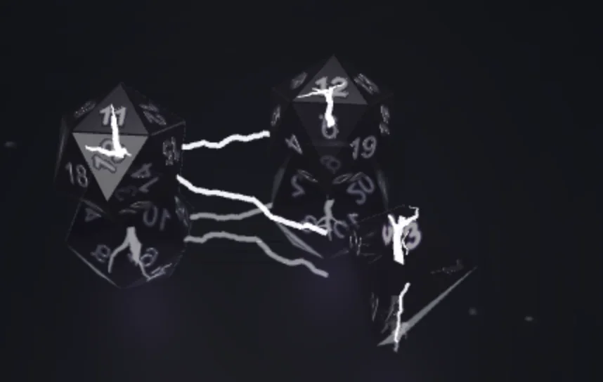 Dark dice with white lightning arcs crackling between them.
