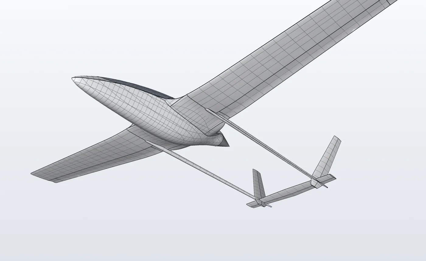 View from below and ahead showing the underside of the wing, pod and booms.