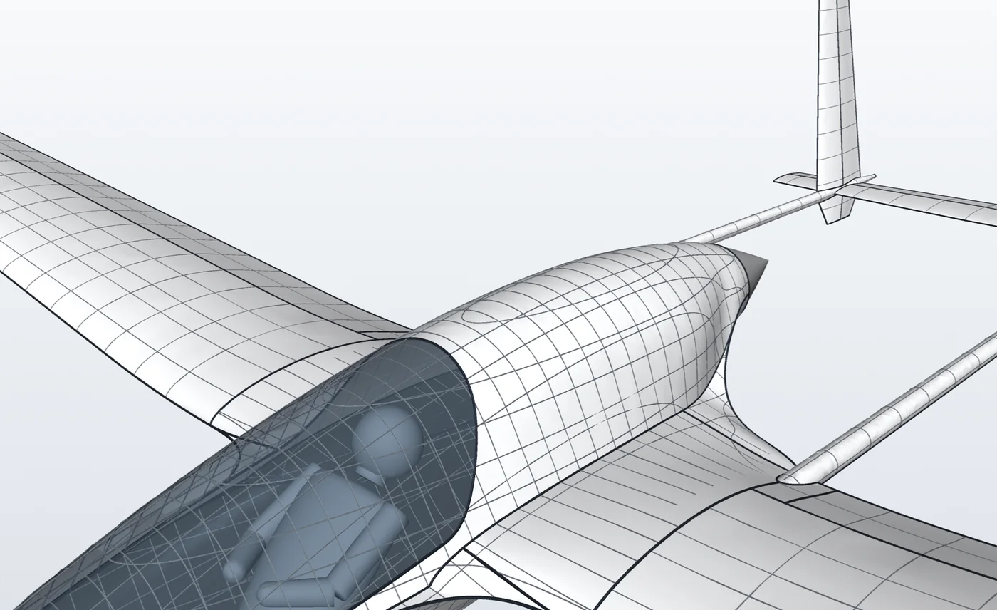 Close view of the chined centre-section pod and canopy opening, with surface panel lines visible.