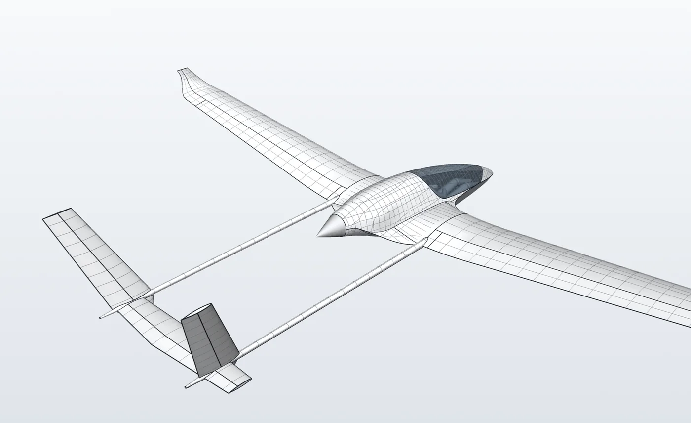 Rear three-quarter view showing the twin booms running aft from the wing to a horizontal stabiliser between two fins.