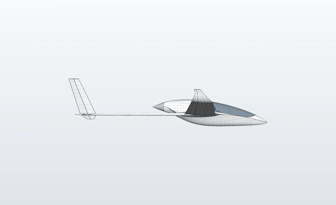 Side elevation of the aircraft showing the pod profile, wing section and tail height.