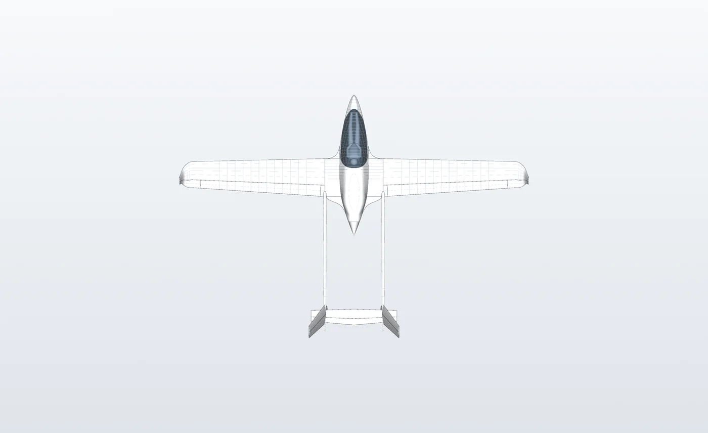 Plan view from above showing wing planform, blended winglets and the boom spacing.